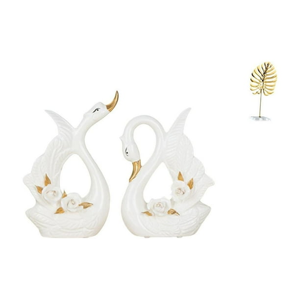 Estatuas de cisnes,Estatua de cisne de cerámica Escultura de mesa de cisne Elegante,Figura de cisne de porcelana Figura de cisne Decoración de escritorio,Escultura de hojas,Estatua de hoja de