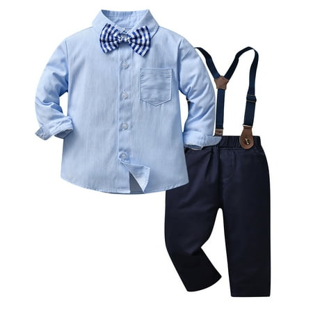 

EHTMSAK Toddler Baby Children Boy Bow Tie Shirts and Suspender Pants Set Long Sleeve Outfits Clothing Set Sky Blue 140