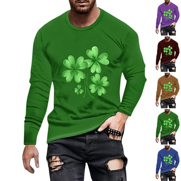 ZRGHAOYLQ St. Patrick's Day Crewneck Shirts Big and Tall Plus Size T Shirts Cotton Mens Funny Shamrock Print Long Sleeve Pullover Classic Comfy Shirt Tops