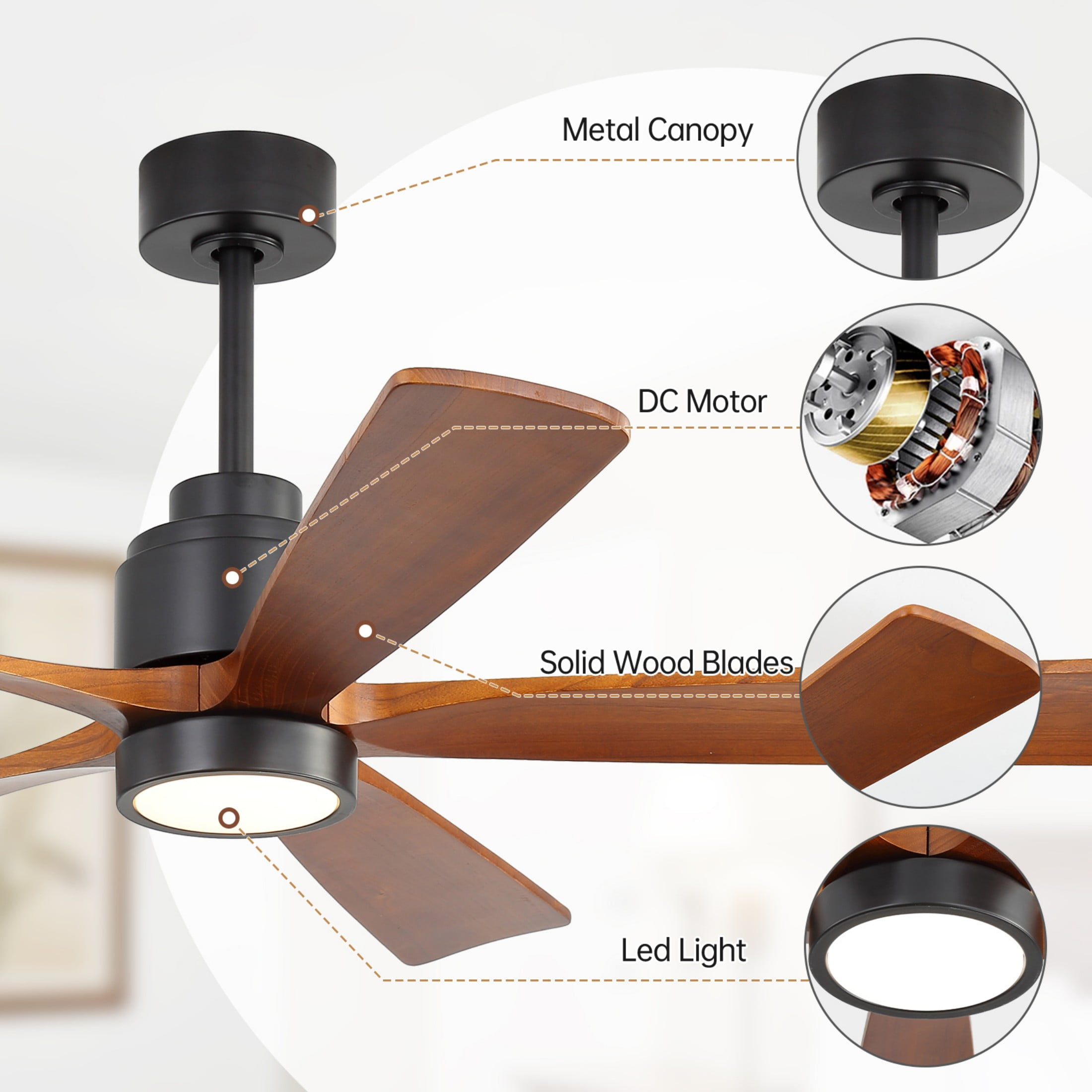 Sofucor 52" Ceiling Fan with Lights, Remote Control, Reversible Noiseless Motor, 3 Walnut Wooden Blades