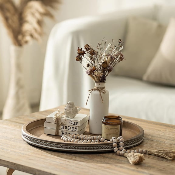 Large Round Decorative Tray: Coffee Table Beaded Tray Vintage Circle Wood Trays Decor Rustic Farmhouse Ottoman Centerpiece Serving Home for Counter