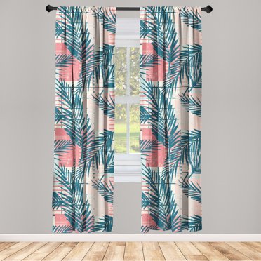 Modern Tropical Window Curtains, Exotics Inspirations Leafy Pattern on Abstract Boho Backdrop, Lightweight Decor 2-Panel Set with Rod Pocket, Pair of - 28"x84", Dark Sky Blue Dark Coral, by Ambesonne