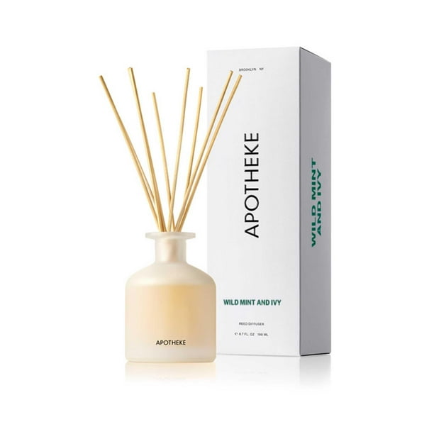 Apotheke Difusor de caña perfumado de lujo para el hogar, menta silvestre e hiedra, aromaterapia de aceite esencial de 6,7 onzas líquidas, 10 varillas aromáticas de ratán, difusor de habitación, fraga