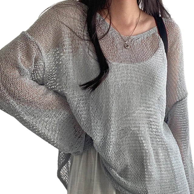 Camisas de manga larga para mujer Sweater Hollow Out para Fiesta de la playa del club Gris