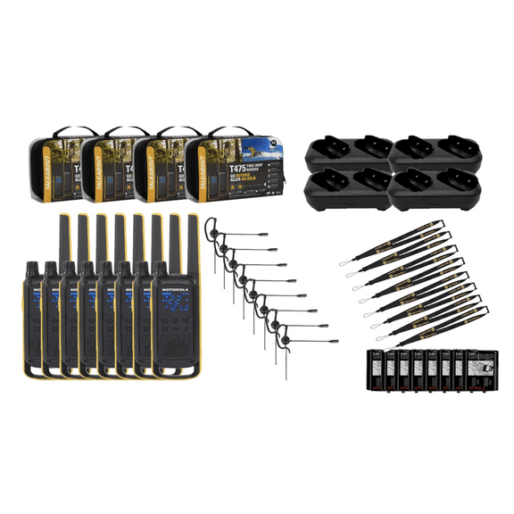 Motorola Talkabout, Portable FRS T475 Two Way Radio, 8 Pack Walkie Talkies Black/Yellow 22 Channels PTT Earpieces Dual Chargers