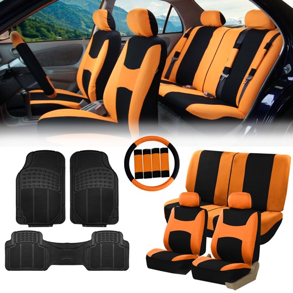 FH Group, Orange Black Car Seat Covers for Auto w/Steering Cover/Belt Pads/Floor Mats