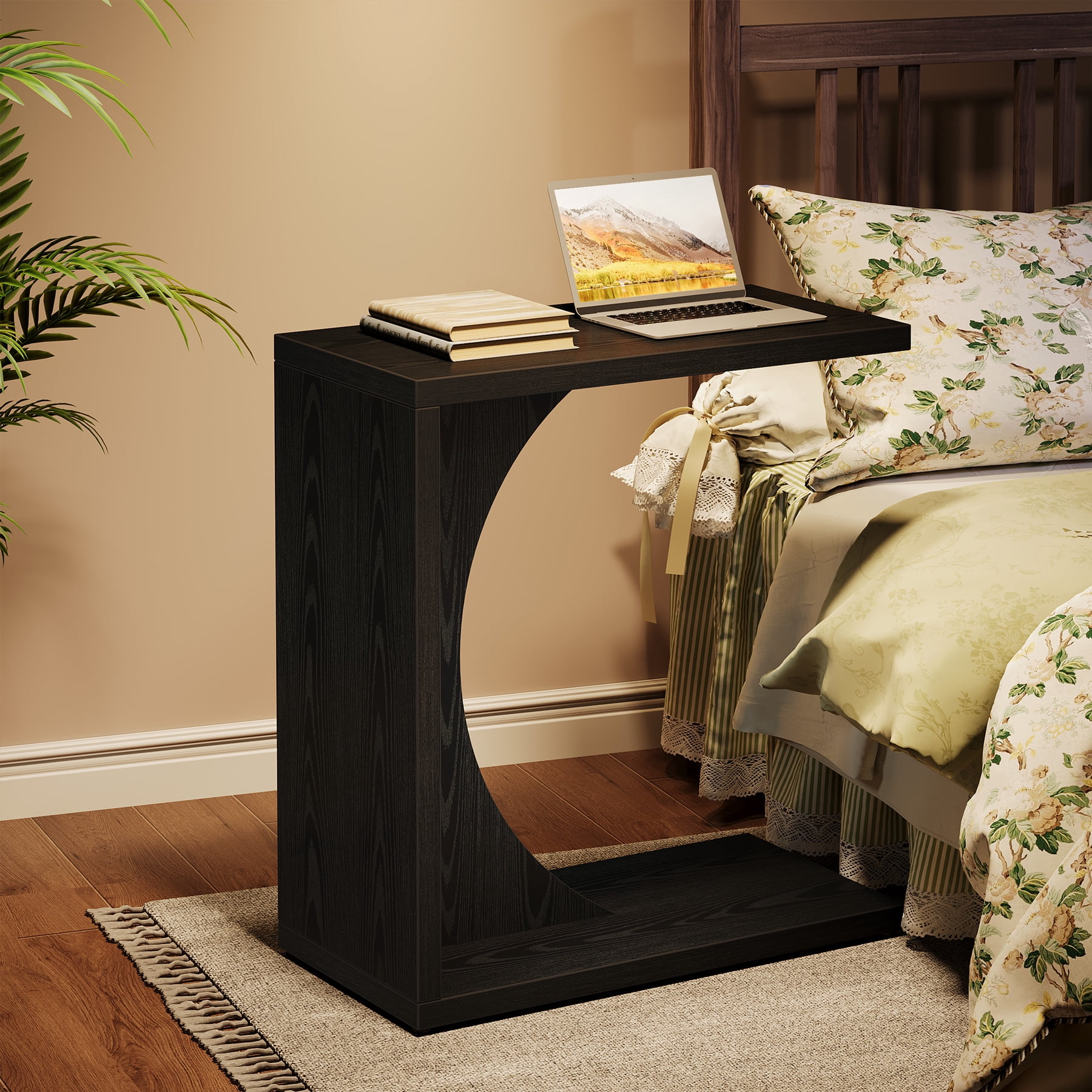 Fnova End Table Farmhouse C-shaped Side Table, Narrow Wooden Sofa Table with Space-Saving Design, Modern Bedside Table, Easy Assembly, Corner Table for Living Room, Bedroom, Nightstand, Black