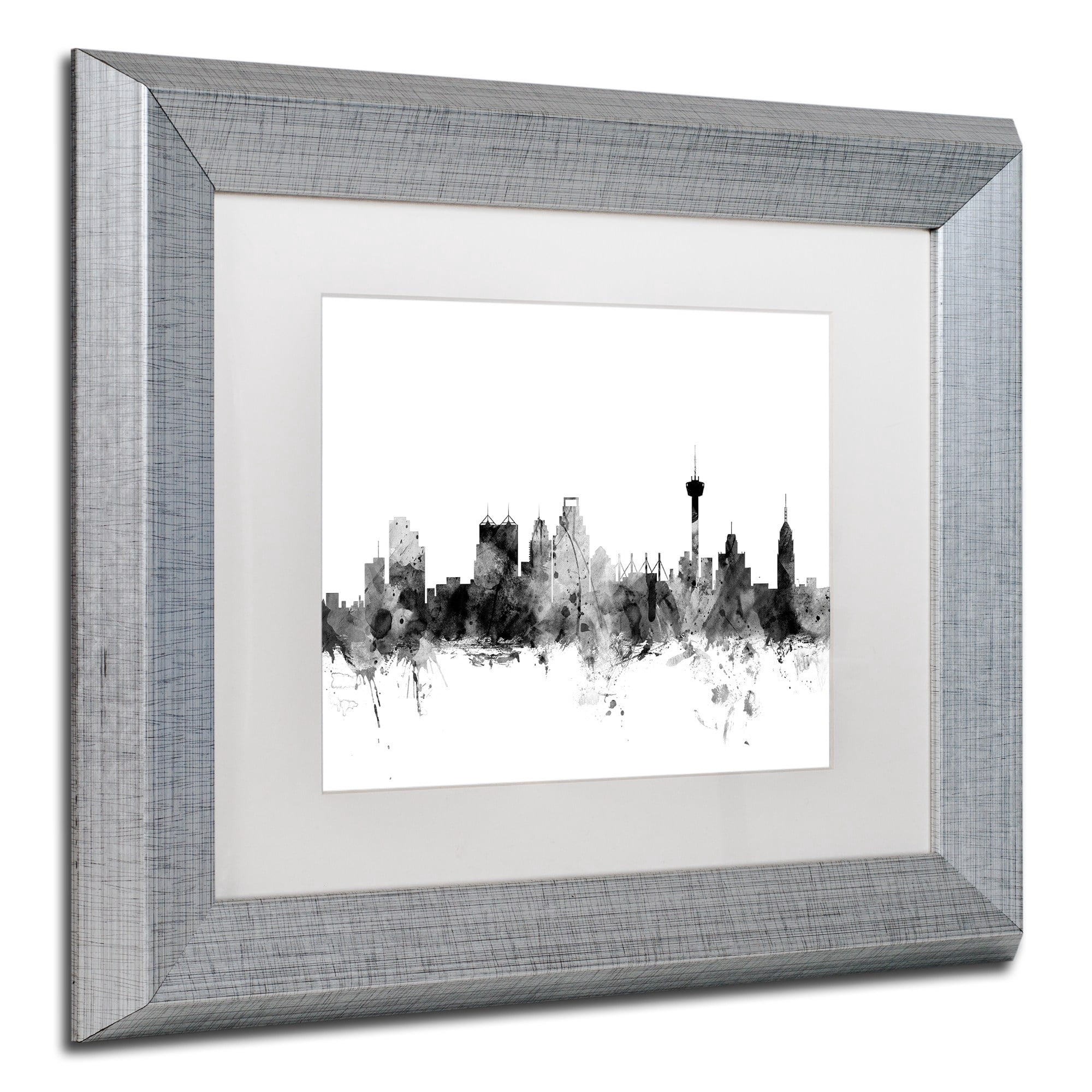 Trademark Fine Art "San Antonio Texas Skyline B&W" Canvas Art by Michael Tompsett, White Matte, Silver Frame