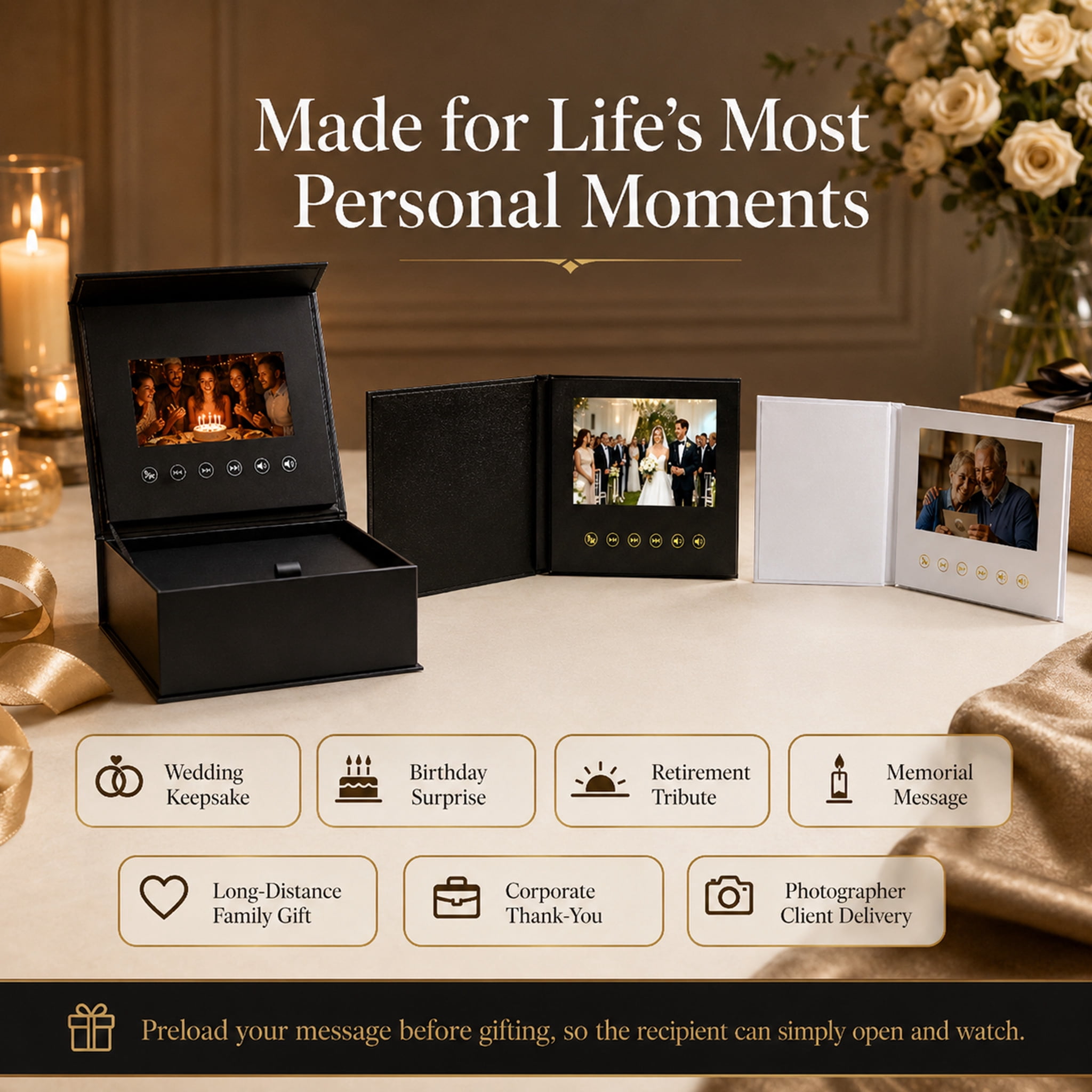 7" LCD Video Greeting Card Book – 4GB Blank Hard Cover, Auto-Play, 2.5H Playtime, 1500mAh Rechargeable, DIY White Cover