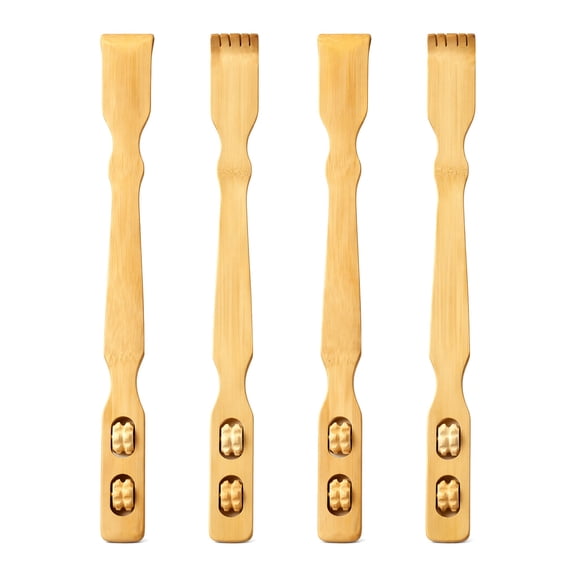 WEAIZYS 4 Pack New 18" Bamboo Wood Back Scratcher with 2 Rollers - Back Scratcher Massage Tool