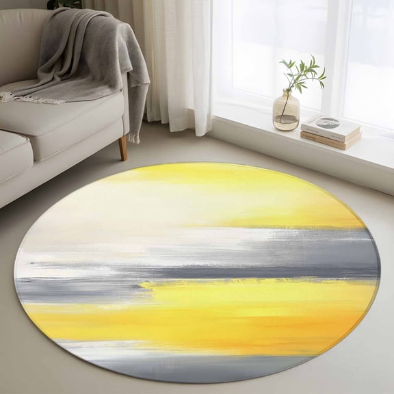 Yellow Gray Round Area Rug 4 FT, Non Slip Indoor Outdoor Rug, Contemporary Abstract Oil Painted Art Washable Soft Circular Carpet Non-Shedding Floor Mat for Coffee Table Nursery Foyer Balcony