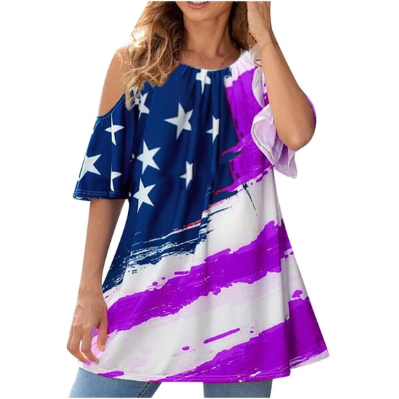 OAVQHLG3B American Flag Shirt for Women 4th of July T-Shirt Patriotic T-Shirts Women O-Neck Summer Short Sleeve Strapless Prints Independence Day Tops T-Shirt