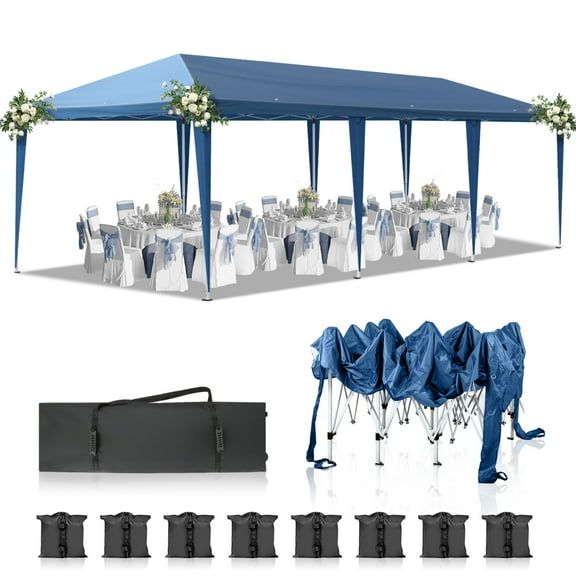 10*30ft Outdoor Tent with Carry Bag,Pop Up Canopy Tent with Folding Design,Easy Installation and Disassembly,Easy to Transport,Canopy Tent with 8 Sandbags, 8 Ropes, 16 Stakes,Blue