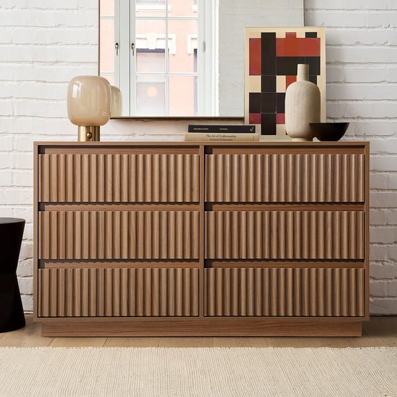 UPGO 44.8'' Fluted Dresser for Living Room, Bedroom, Hallway, Entryway with Deep 6 drawers, Wooden Dresser