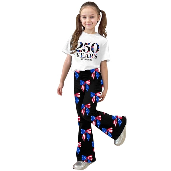 Weebloom Girls Outfits Short Sleeve Patriotic Stylish Casual Jumpsuit With Bow Print Flared Leg Pants Kids Playwear Outfit Youth Girl Clothes Set Size 5-6 Years Black