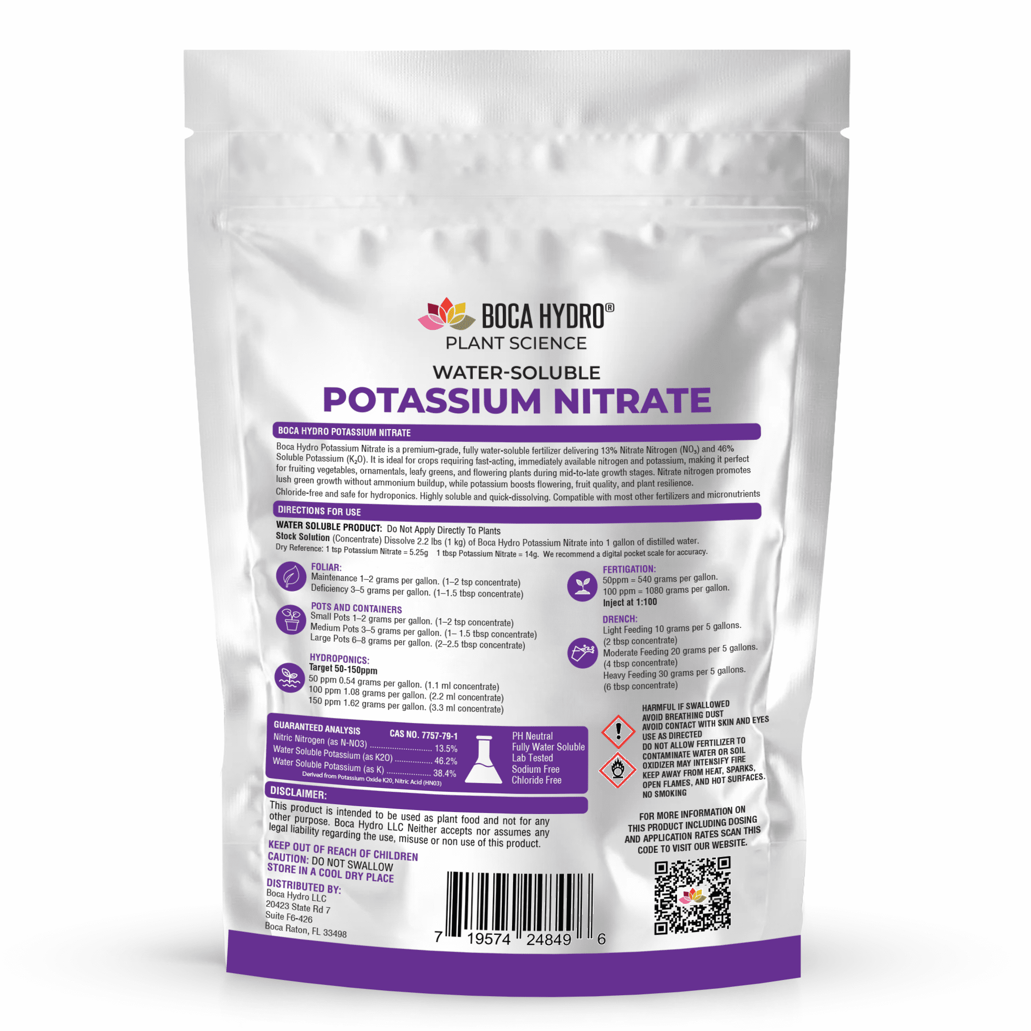 Boca Hydro Potassium Nitrate 13-0-46 – Premium High-Purity Water-Soluble Fertilizer for Hydroponics, Fertigation, Foliar Feeding & Soil – Fast-Acting Nitrogen & Potassium Boost for Fruits, Vegetables