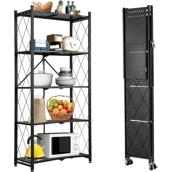 LISUEYNE 5 Tier Storage Shelving Unit, Foldable Metal Shelf, Garage Shelving Units, No Assembly Storage Rack for Garage, Kitchen, Basement,S torage Shelves with Wheels, Black