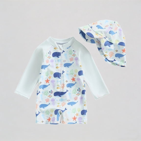 Krdevn Boys Swimwear with Matching Hat Full Print Rash Guard Sun Swim for Toddler Kids,Girls Swimsuits,Boys Swimsuits,0-3 Months