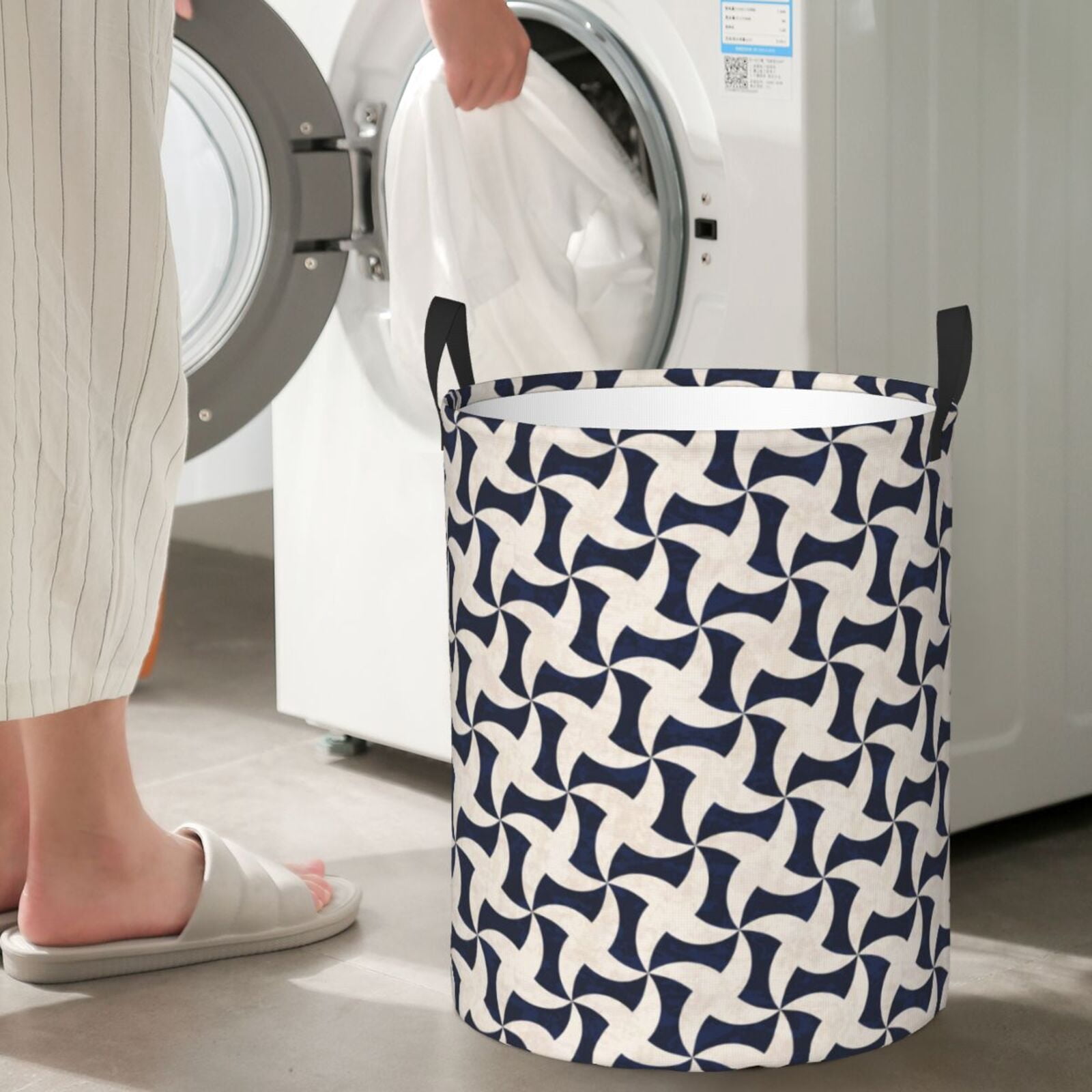 Large Laundry Basket with Handles - navy Abstract geometric Kids Baby Dirty Clothes Laundry Hamper for Bedroom Aesthetic