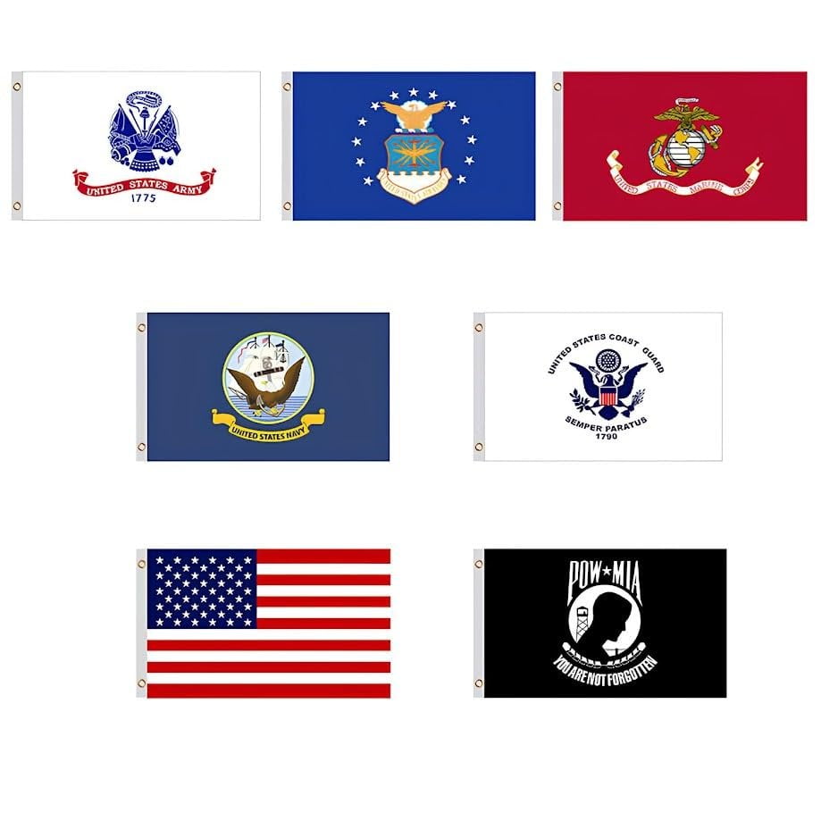 Set of 7 US Military Flags 3 x 5ft - Air Force - Navy - USA - Coast Guard - Marine Corps - Army Space Force - Heavy Duty Veteran Banner Flag with Good Value Polyester - Outdoor Home Dcor