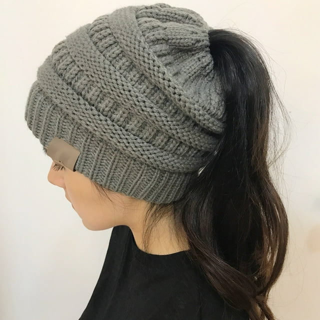 ZECATL Bonnets à Queue de Cheval pour Femmes - Tricot d'Hiver Épais Chapeau de Chignon en Désordre Bonnet Pompon
