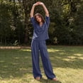 thumbnail image 6 of VBTAPA Two Piece Lounge Sets for Women Summer Vacation Beach Travel Outfits 3/4 Length Sleeve V Neck Tops and Wide Leg Pants Set Navy M, 6 of 8
