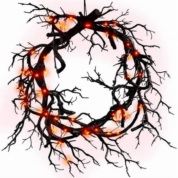 Halloween Black Branch Wreath With Light,16.92 In Artificial Hanging Halloween Wreath,Halloween Dead Branch Garland Decoration,Halloween Horror Wreath for Indoor Outdoor Party Window Wall Decor(1pc)