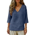 thumbnail image 6 of Women's Cotton Linen Blend T-Shirts 3/4 Sleeve V Neck Loose Fit Casual Tops Summer Pullover Shirts Daily Wear Navy M, 6 of 7