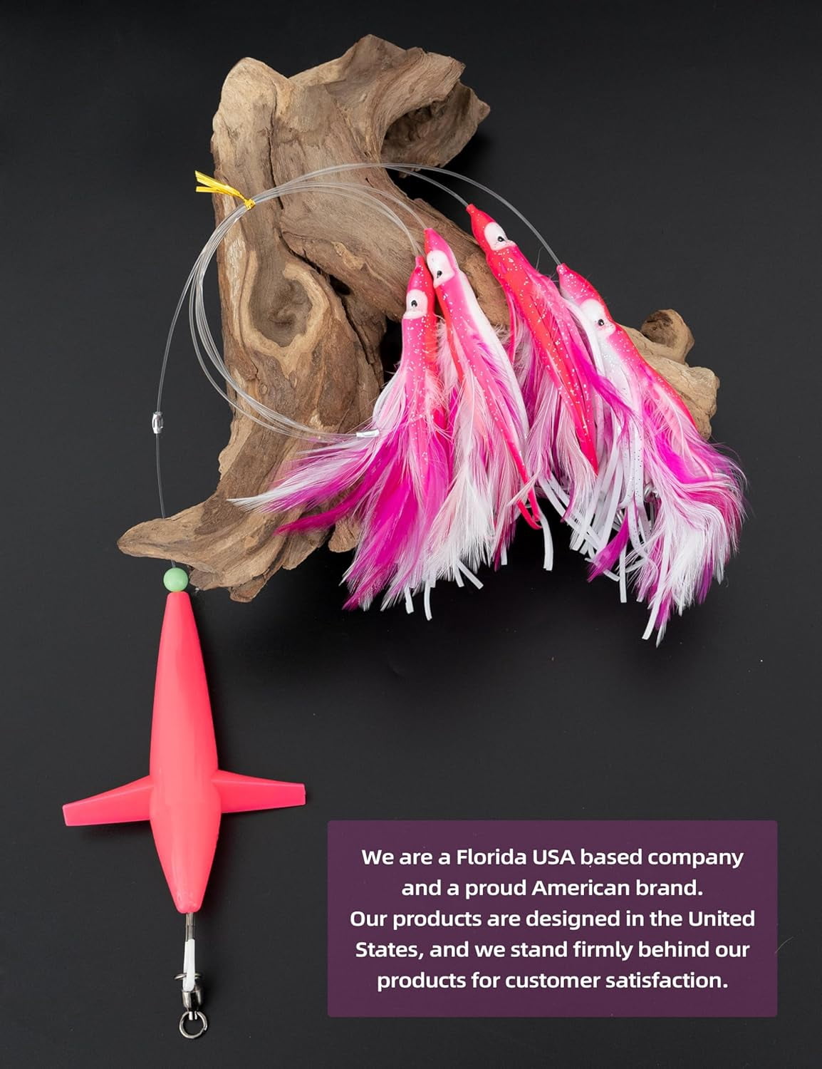 BLUEWING Tuna Feather Daisy Chain Squid Chain Fishing Teaser Lure with 4in Feathered Trolling Squids and Stainless Steel Trolling Hook Big Game Trolling Lure for Tuna Mahi Wahoo Marlin, Pink