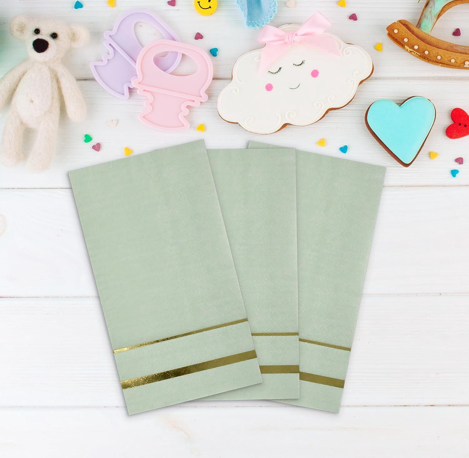 100 Count Sage Green with Gold Trim Lined Guest Napkins Elegant Dinner Hand Napkin for Bathroom Wedding Holiday Anniversary Birthday Party Bridal Baby Shower Metallic Golden Foil Decorative Towel