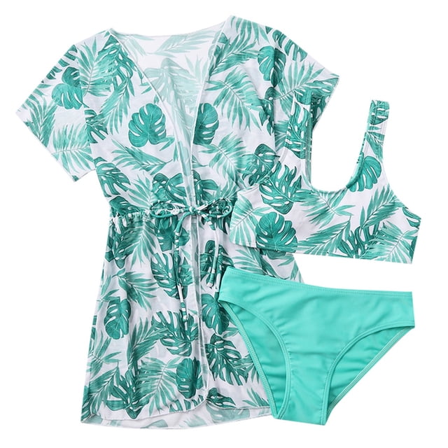MIASHUI Girls 3 Piece Tropical Bikini Set Cute Swimwear With Matching Cover Up For Beach Pool Green,9-10 Years
