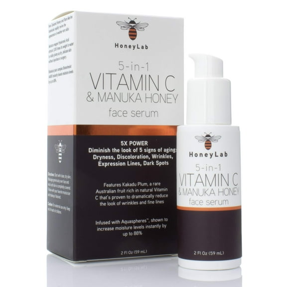 HoneyLab 5 in 1 Vitamin C & Manuka Honey Face Serum. Anti-Aging Serum Softens Dark Spots, Wrinkles, Fine Lines. 2 fl oz.