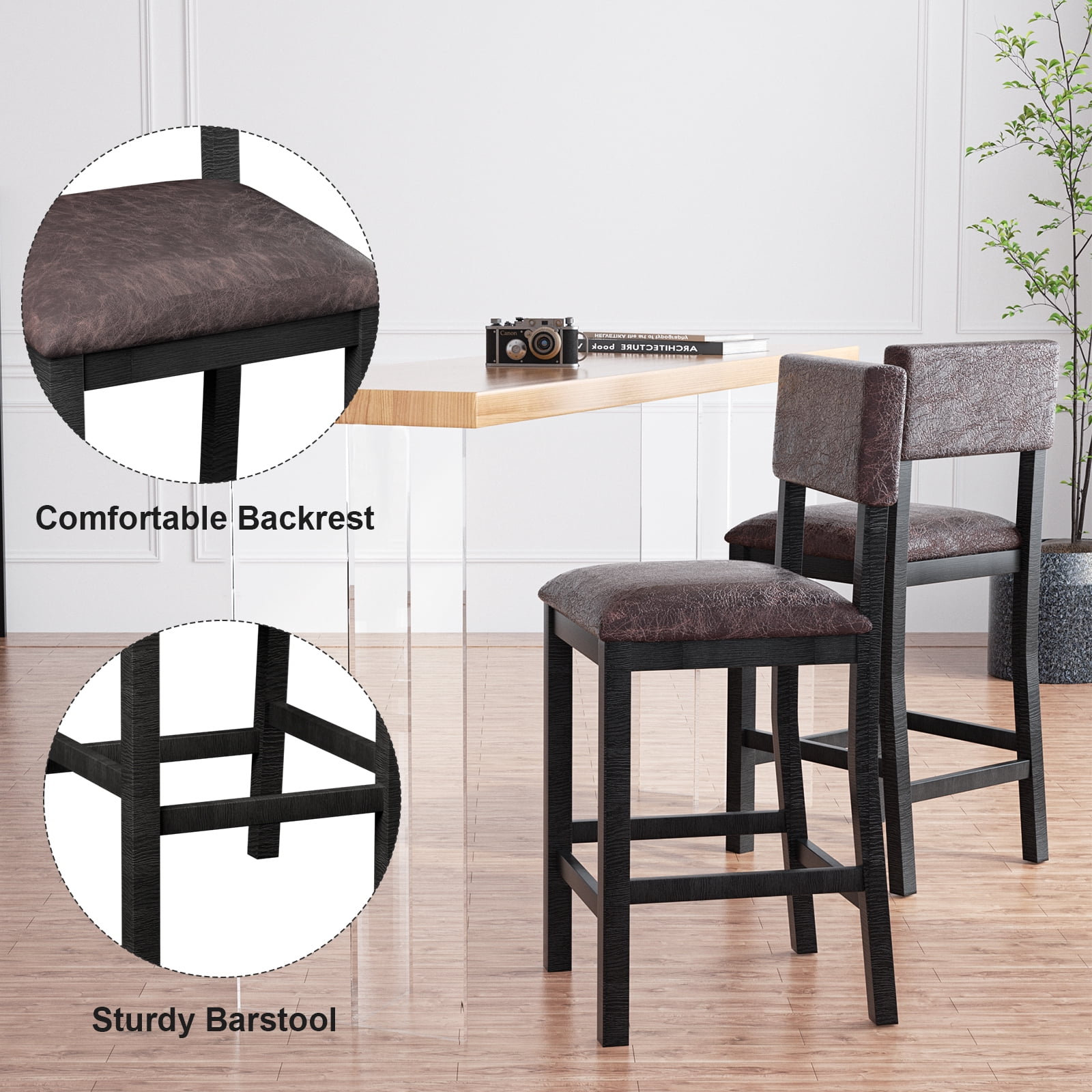 Nathaniel Home, 24" Bar Stools Leather Upholstered Chairs Set of 2, Counter Height Stools with Back, Dining Barstools with Footrest, Rustic Dark Brown