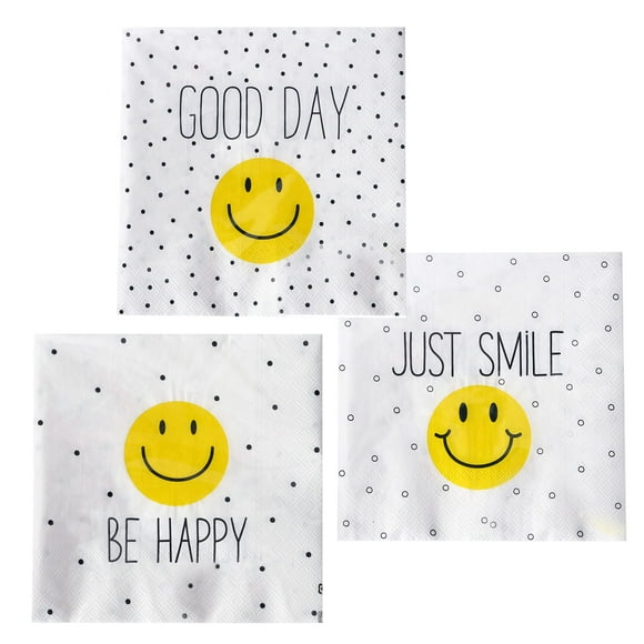 WHW Whole House Worlds 60 Count Smiley Face Party Napkins, 3 Packs of 20, 3 Ply Paper, Luncheon Size 6.75 x 6.75 Inches, Yellow and Black on White