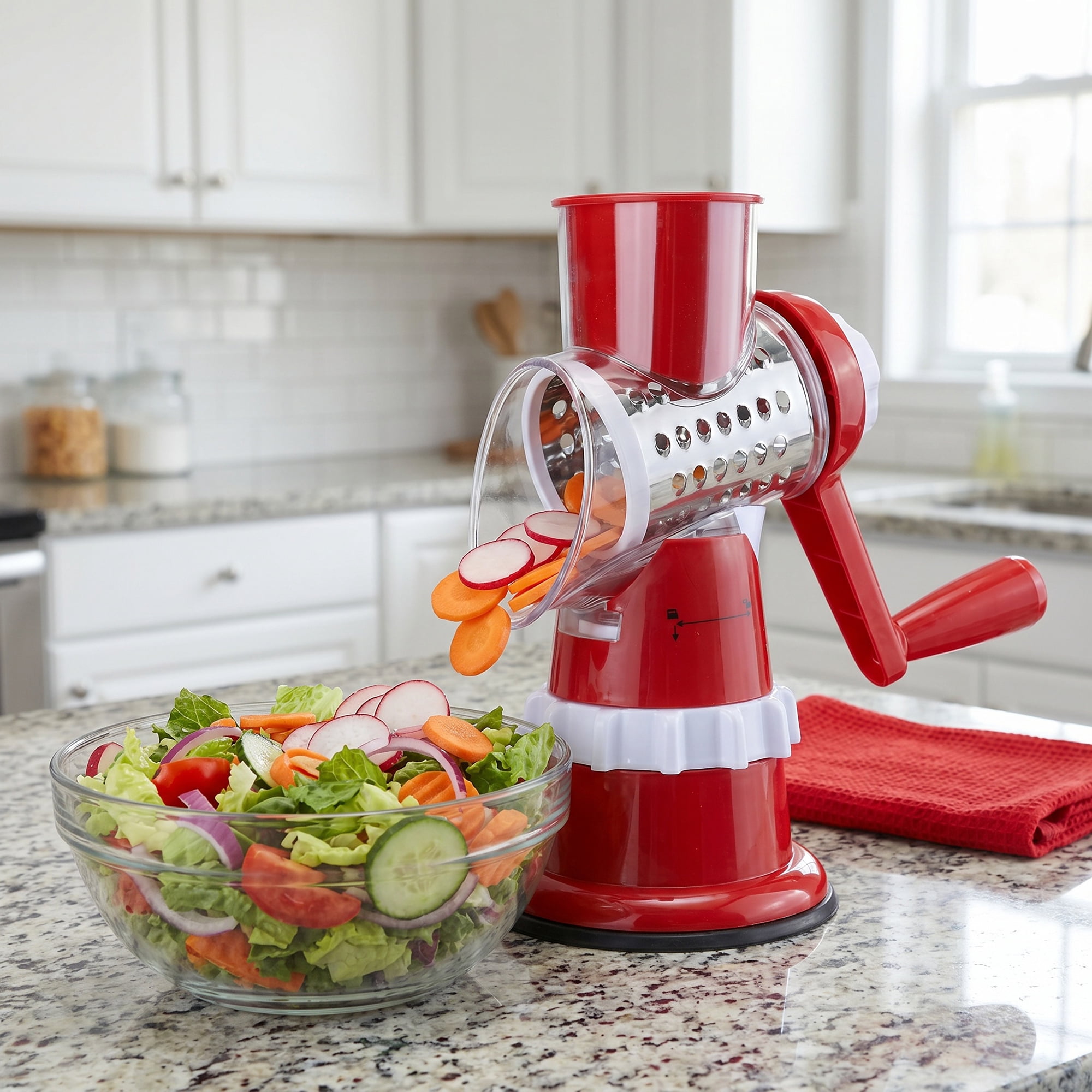 Unique Bargains 3-in-1 Rotary Chopper Manual Slicer with 3 Drums Red 7.7" x 5.2"