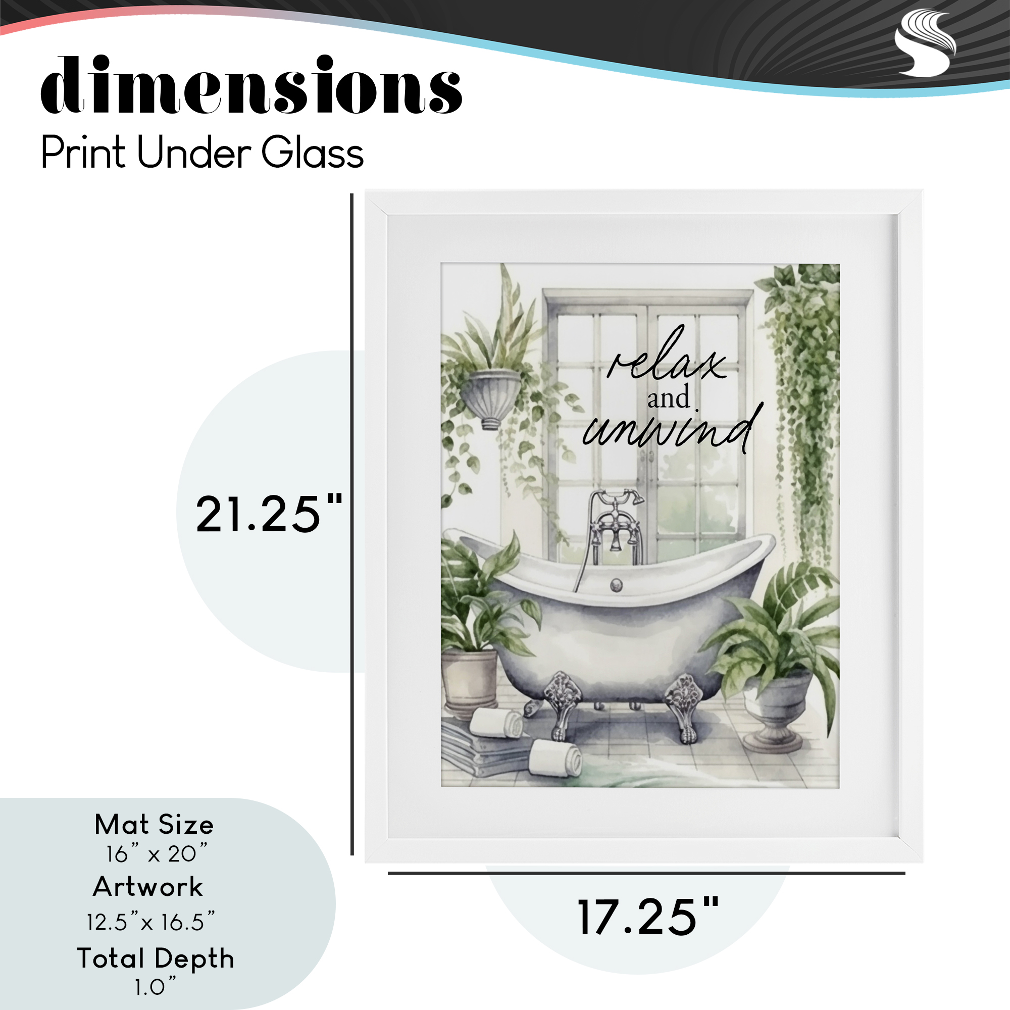 Relax Unwind Bath & Foliage White Framed Print Under Glass, design by Lettered and Lined