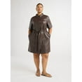 thumbnail image 3 of Scoop Women's and Women's Plus Faux Leather Collared Mini Shirt Dress with Short Sleeves, Sizes XS-4X, 3 of 5