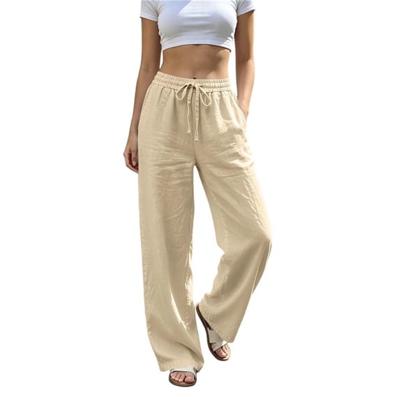 Vynhevius Women's Solid Pants Drawstring Elastic Waist Wide Leg Pockets Loose Casual Trousers