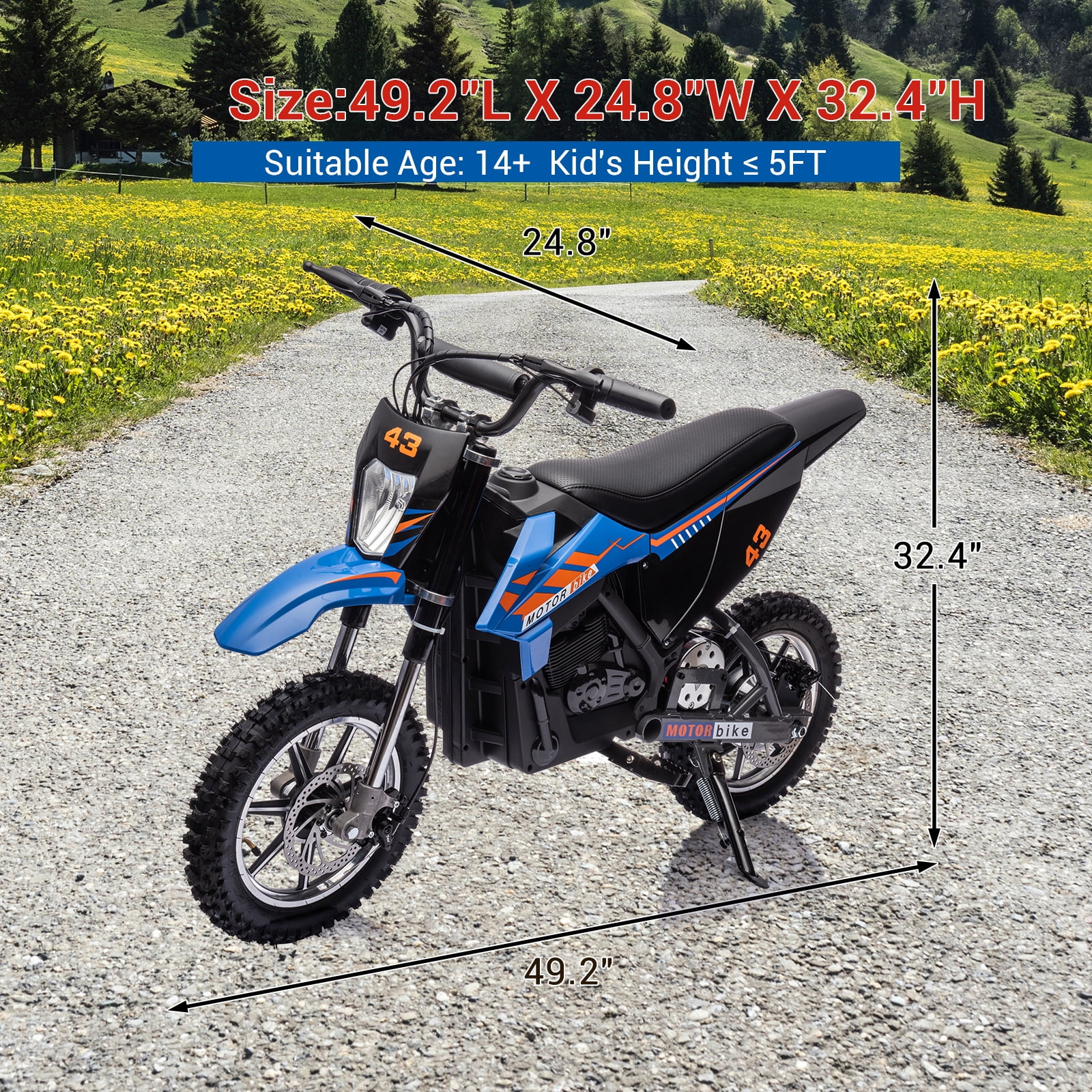 Towallmark 36V Electric Dirt Bike for Teens, 350W Brushless or 500W Brushed Motor, Up to 15.5MPH & 175LB Capacity, Off-Road Motorcycle with Front/Rear Brakes, Blue