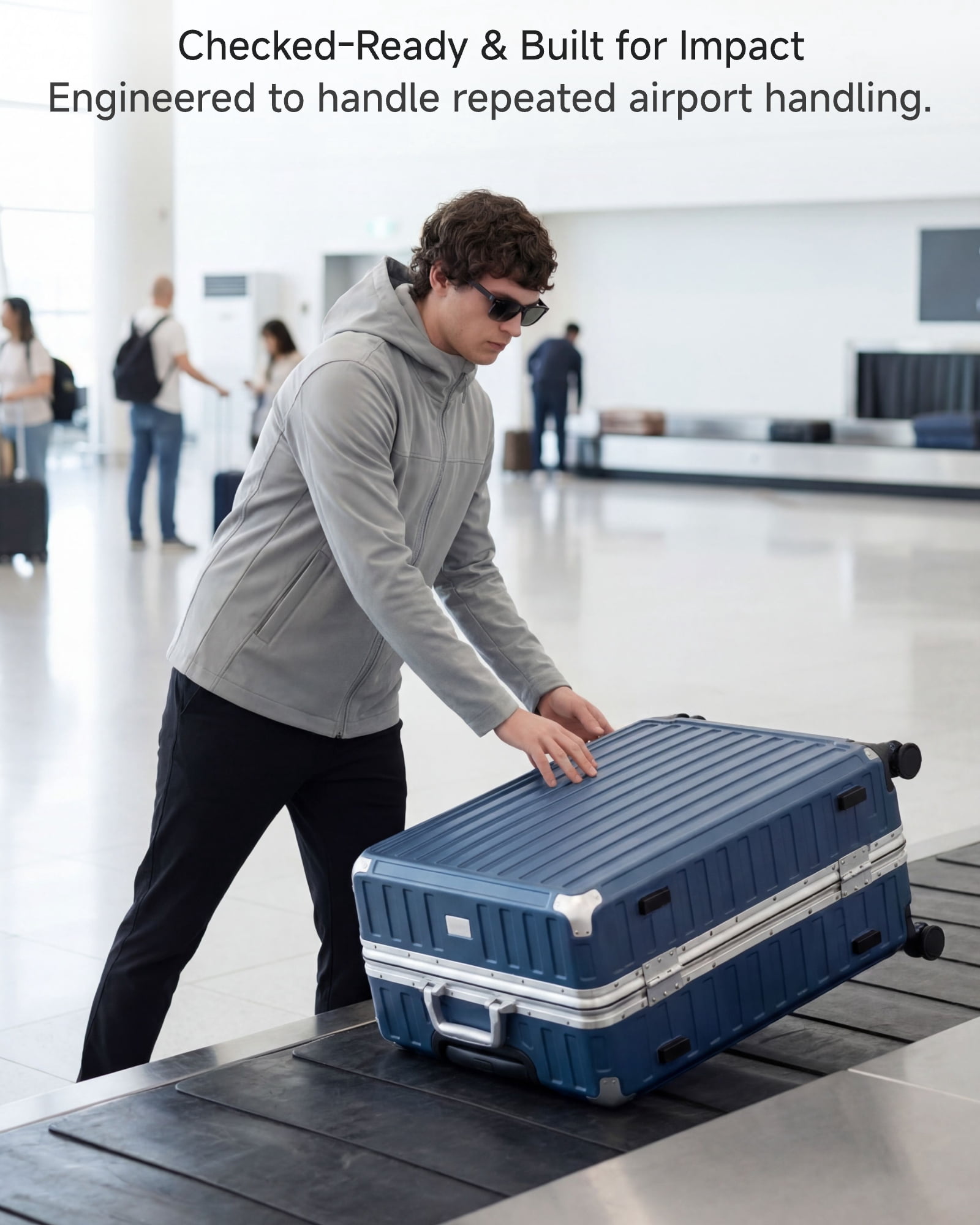 28" Large Checked Zipperless Aluminum Polycarbonate Luggage, Blue, ZX-Core
