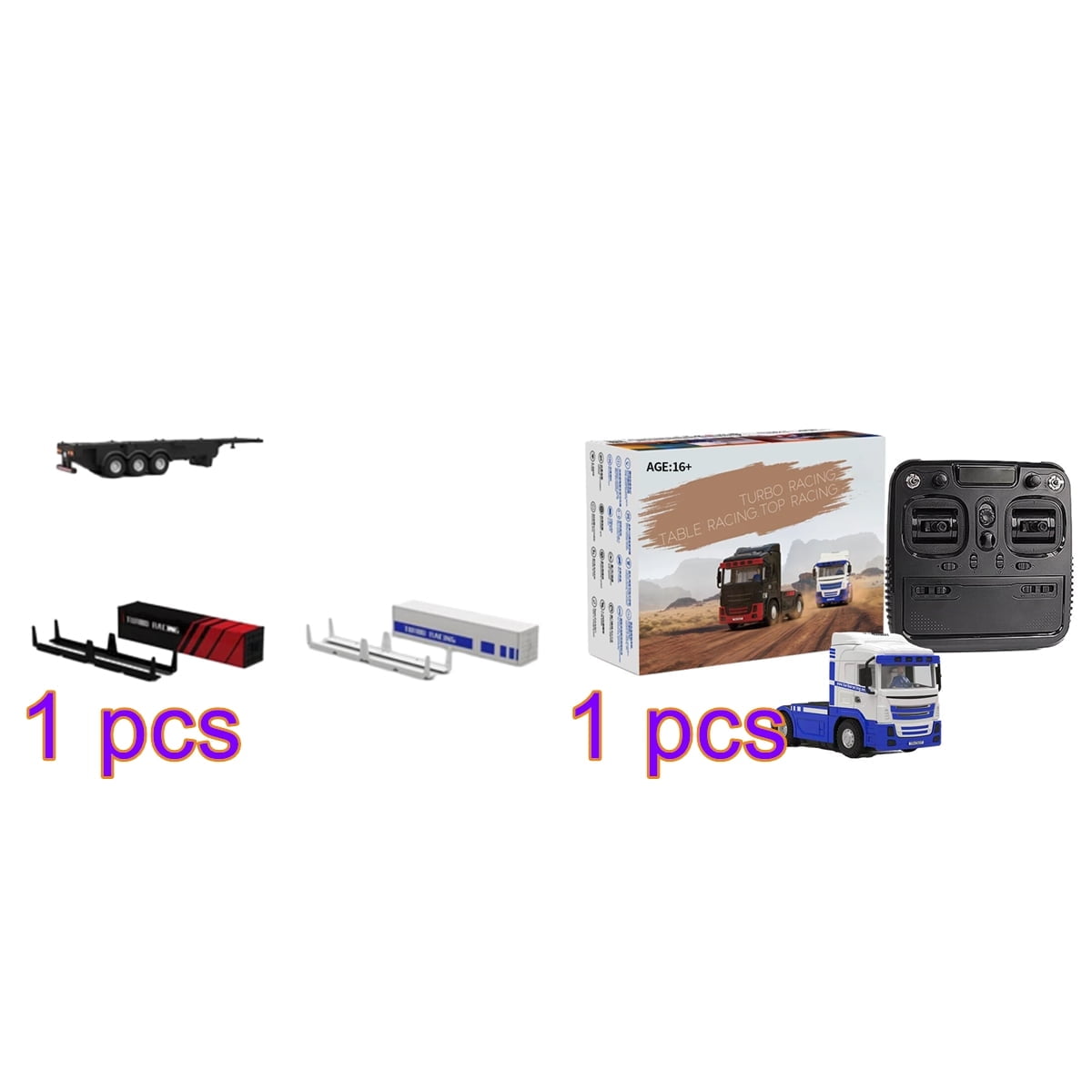 Turbo Racing 1/76 Scale Remote Control Truck Tractor & Cargo Trailer Set, 2.4G 4WD Mini RC Car with Metal Paint & Detachable Controller, RTR Desktop Model for Teens & Adults