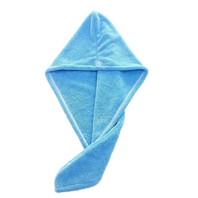 Toalla para secar el cabello para mujer – Turbante azul de microfibra de secado rápido con botón de seguridad y rápida absorción.