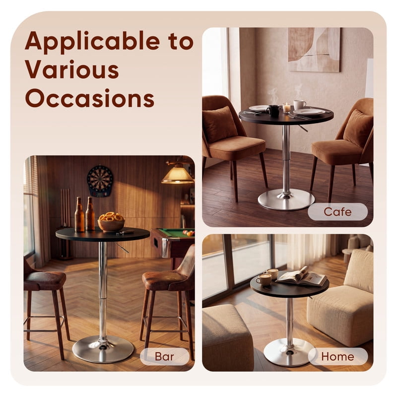 Lacoo 23.6" Adjustable Round Bistro Pub Table, Swivel Pub Table with Metal Base for Home Bar, Kitchen, Dining Room, Black/Sliver