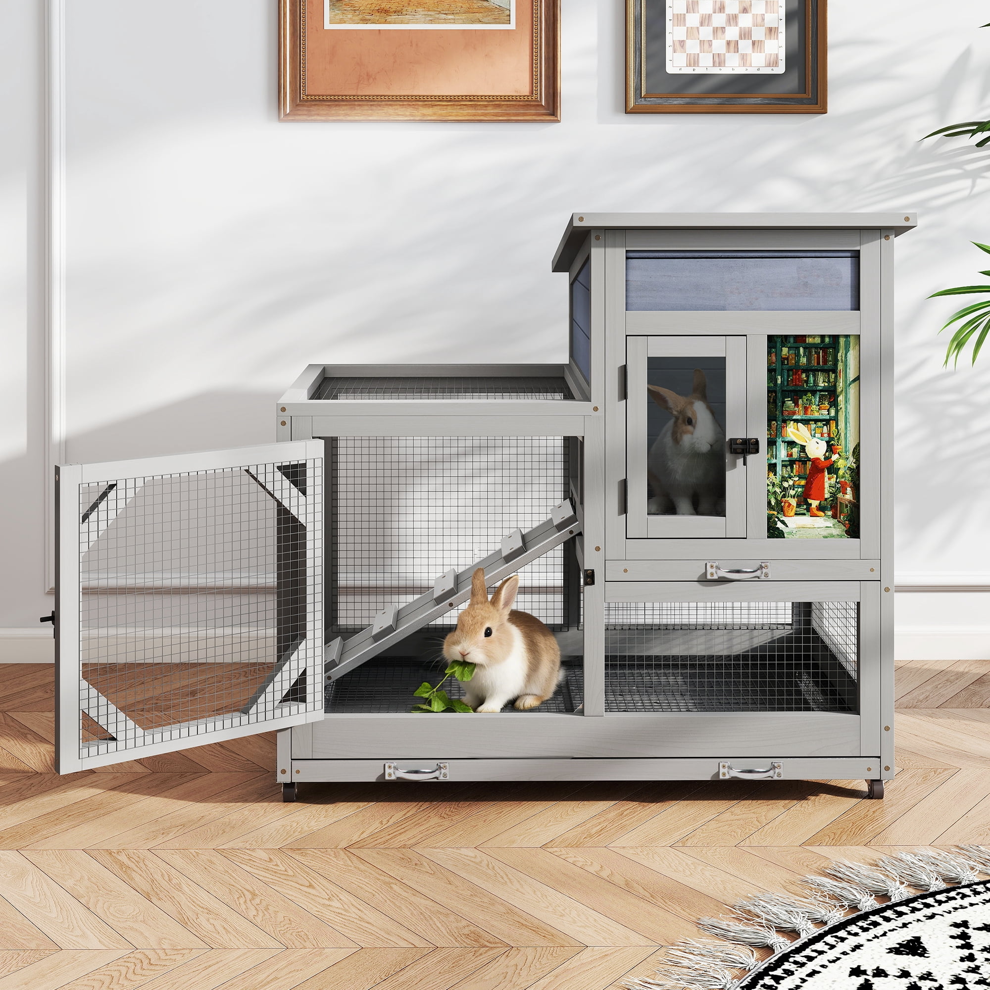 COZIWOW Rabbit Hutch Indoor with Wire Bottom, 2-Level Large Wooden Bunny Cage on Wheels Outdoor for Multiple Small Animals, Grey + Colorful Patterns