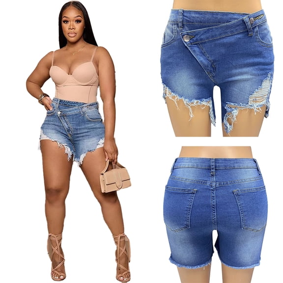 LYMAYTER Female Jeans Shorts Ripped Crossover Women Jeans Shorts Fashion High Waisted Skinny Denim Shorts S-2XL
