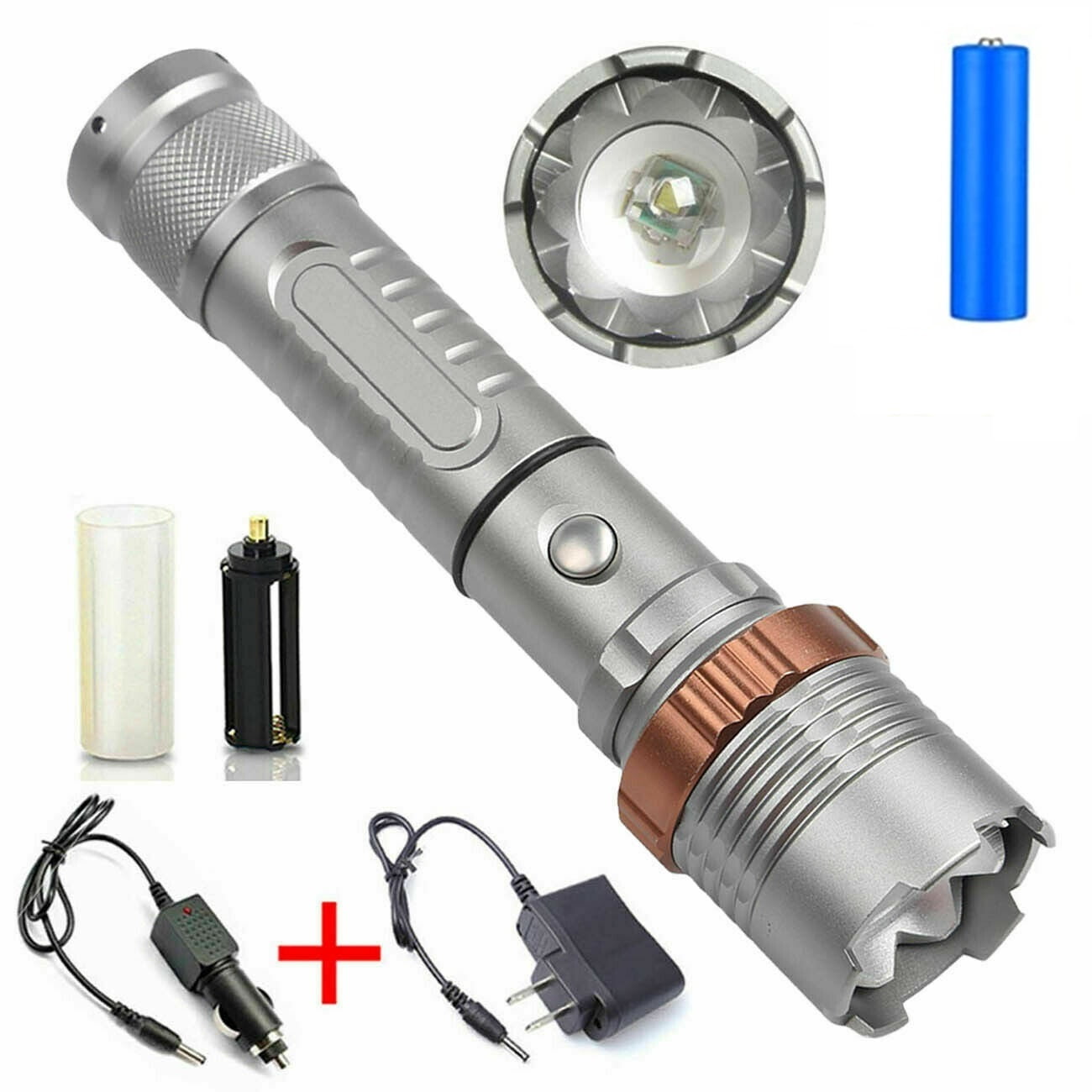 Portable 2000LM LED Flashlight Rechargeable Zoom 3 Modes Torch Light 18650 Gray 