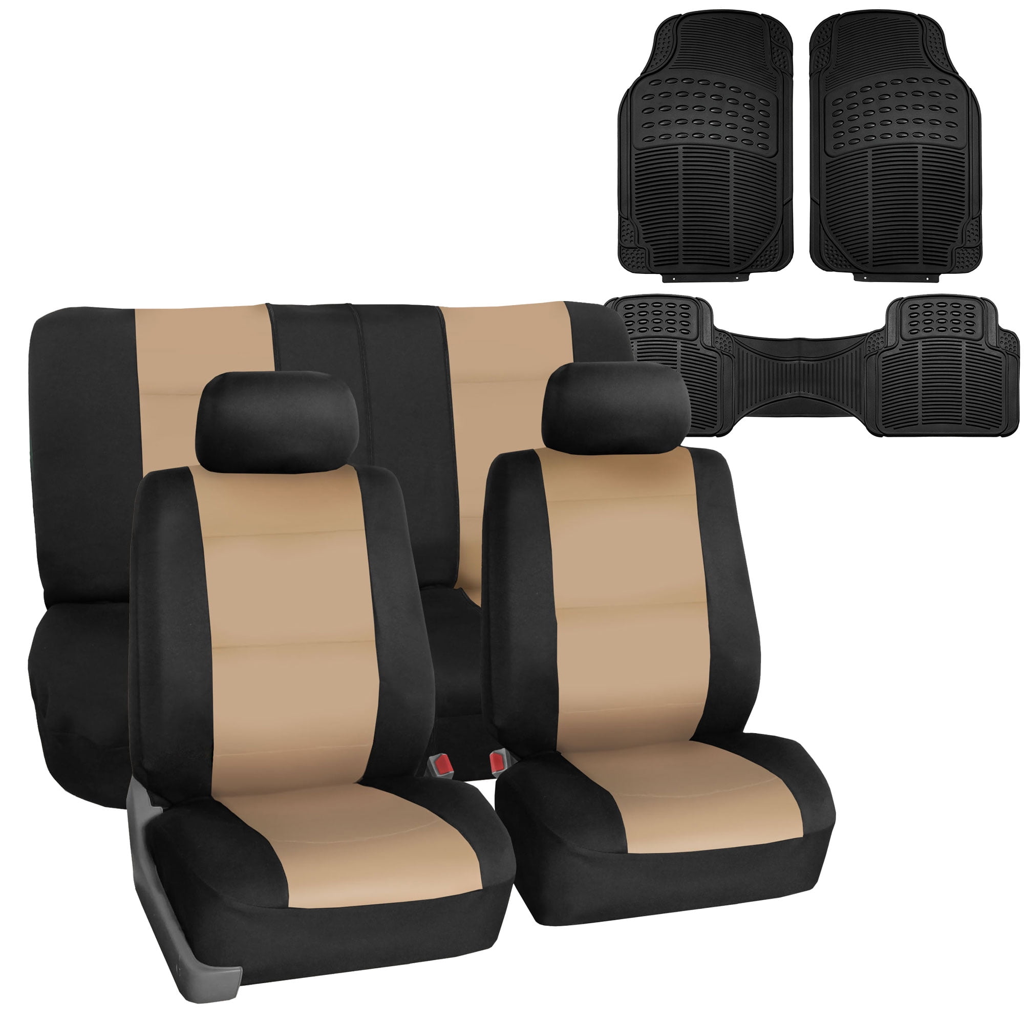 FH Group Neoprene Car Seat Cover Beige Black Combo w/ Black Floor Mats