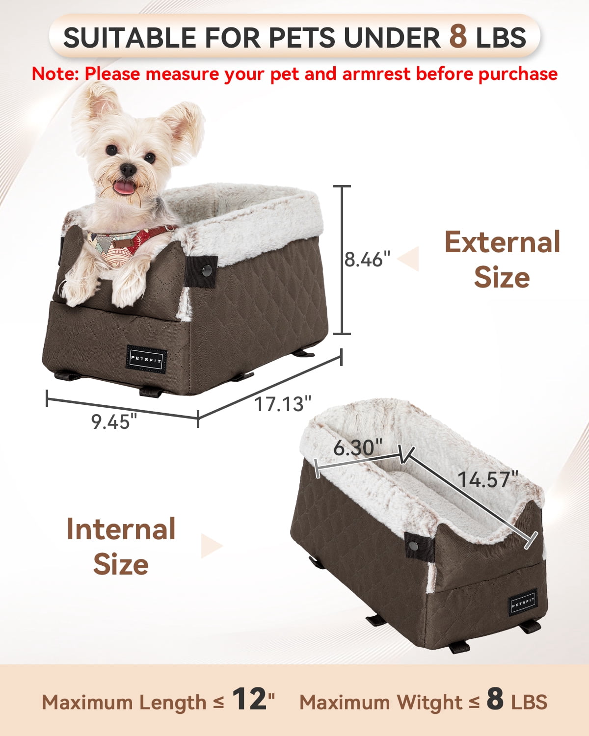 PETSFIT Center Console Dog Car Seat with Safe Protection Hooks, Pet Car Seat with Upgraded Safety Tethers, Washable Cushion, Console Dog Car Seats for Small Dogs (Coffee)
