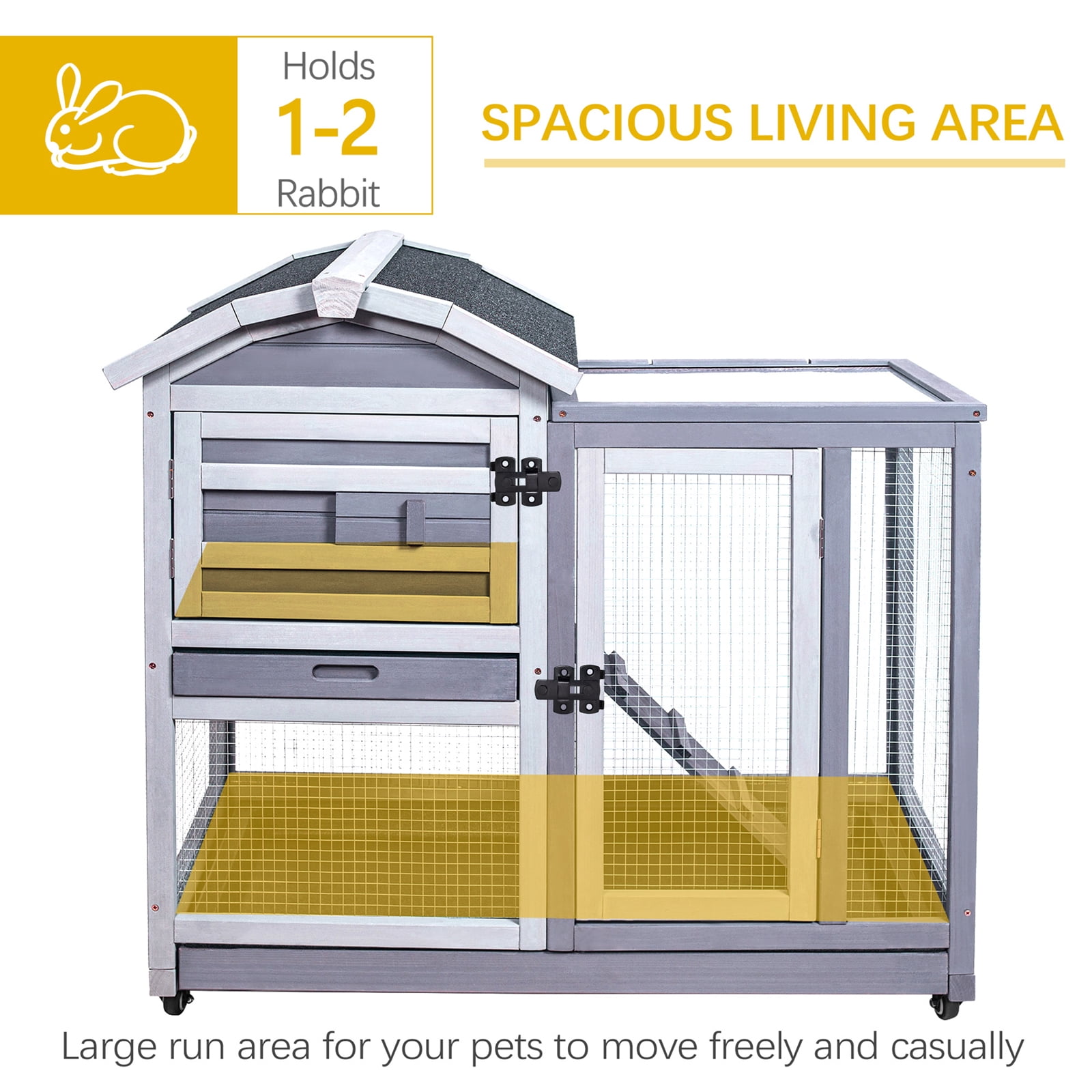 Rabbit Hutch Indoor Rabbit Cage Outdoor, Wooden Bunny Cages for Guinea Pig with Wheels, Removable Tray, Ramp