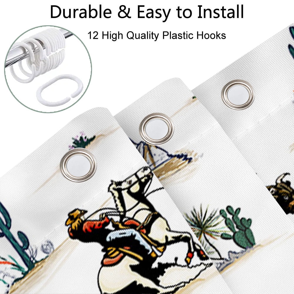 Western Shower Curtain, Farmhouse Country American West Western Shower Curatain, Wild West Cowboy Horse Bathroom Accessories Set with Hooks, 60X70inch, White